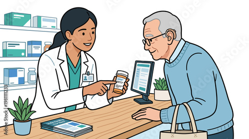 Female pharmacist explaining prescription medication to elderly male patient at pharmacy counter illustration
