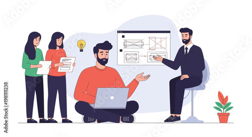 Team Collaboration: Brainstorming Session with Laptop and Presentation