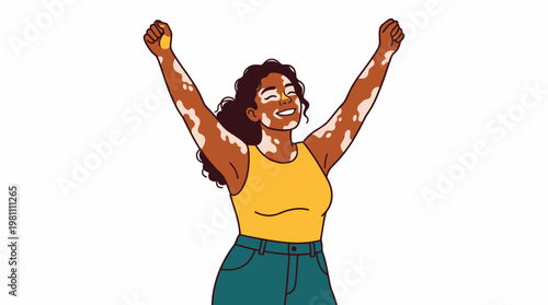 Woman with vitiligo celebrating joyfully with raised arms, body positivity and diversity illustration