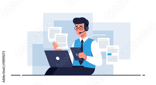 Support agent with headset, laptop, tablet, and documents, modern flat illustration