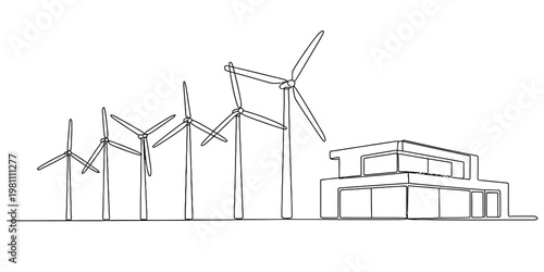 Line drawing of a modern house next to a row of wind turbines representing clean energy. Vector, illustration
