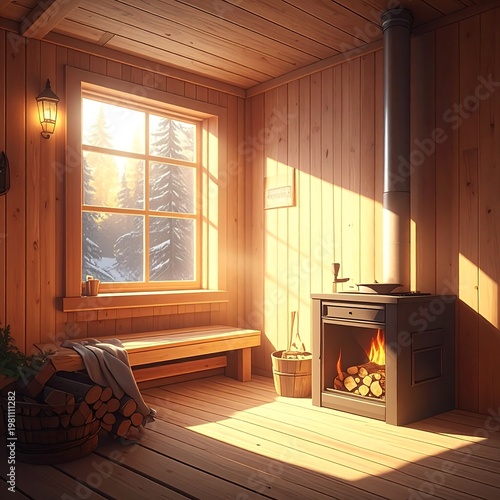 Cozy interior scene featuring wooden walls, a fireplace, and a window framing a snowy forest