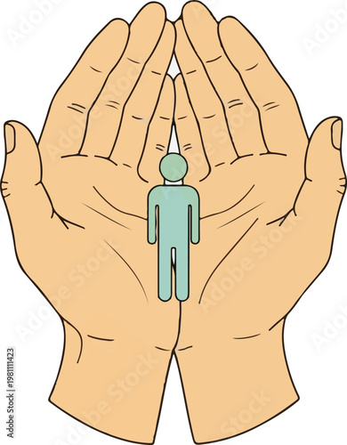 Two open hands gently holding a small human figure representing support protection care guidance and community for everyone