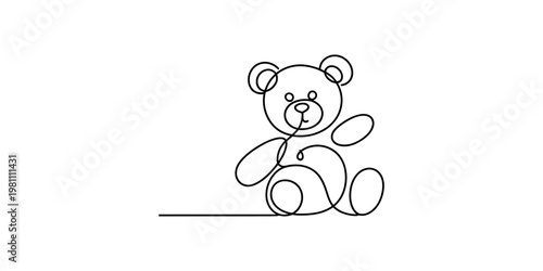 Minimalist continuous line art illustration of a cute teddy bear sitting on a plain white background. Vector, illustration