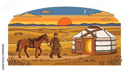 Mongolian nomad leading a horse to traditional yurt in the steppe at sunset illustration