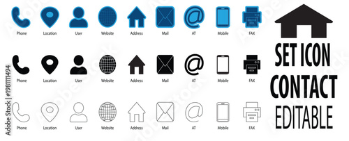 Business Contact Information Icon Set with Three Different Styles: Solid, Line Art, and Blue Duo-tone.