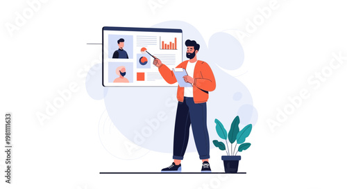 Man presenting business data on screen with charts and people avatars
