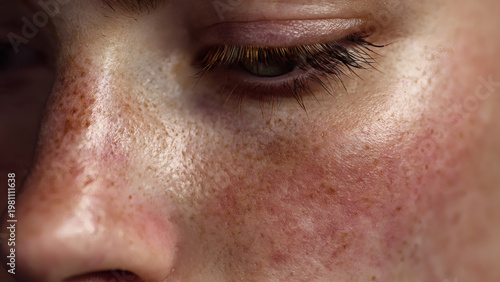 Close-up photograph of a fair-skinned woman's face, showcasing a sunburnt cheek with red, inflamed skin, visible pores, and a slightly closed eye. The lighting highlights the texture and detail.