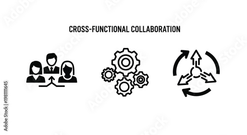 Teamwork gears and arrows represent cross functional collaboration silhouette