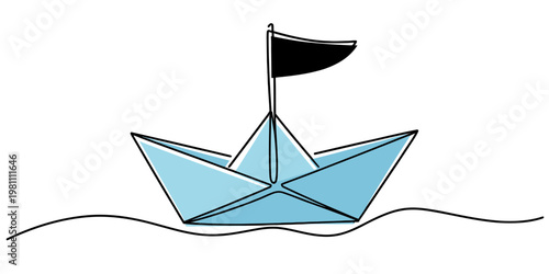 A light blue paper boat with a black flag sailing on a simple wavy line against a white background Vector, illustration