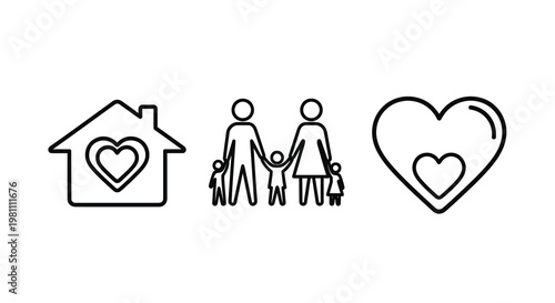 Family home and love icons depicted in a minimalist silhouette