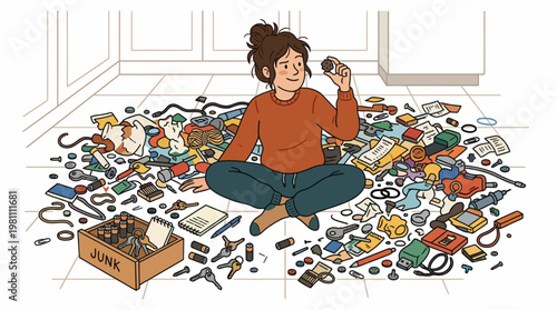 Woman sitting on floor sorting through large pile of junk and household items illustration