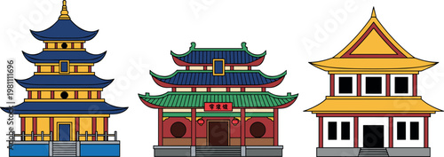 Traditional Asian Pagoda Buildings with Unique Architecture and Colorful Roof Designs for Cultural, Architectural, and Travel Design
