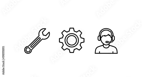 Technical support icons featuring tools and a headset silhouette