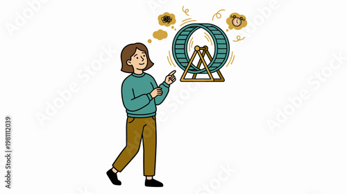 Illustration of woman pointing at hamster wheel symbolizing repetitive work routine and stress