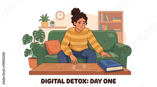 Woman starting digital detox day one sitting on sofa reaching for a book