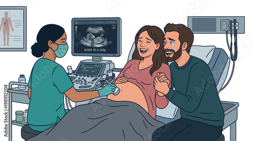 Doctor performing ultrasound on pregnant woman as happy couple learns baby is a girl