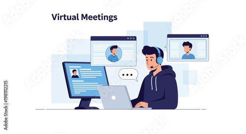 Virtual Meetings: Man with headset on laptop, video calls on screens, online communication