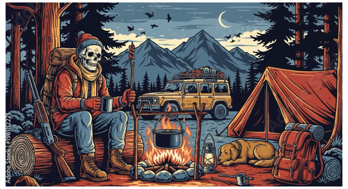 Skeleton skull hiker camping in wilderness with dog and vintage car, enjoying campfire under starry night sky and mountains vector design illustration