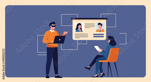 Virtual Reality Recruitment: VR headset users review candidate profiles on screen