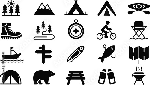 Outdoor camping and adventure silhouettes set isolated on white background for mountain hiking travel and forest recreation.