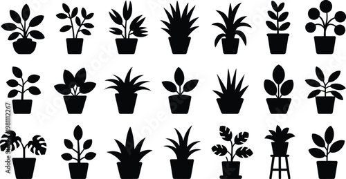 Collection of houseplant silhouettes in ceramic pots isolated on white background for interior decoration gardening and nature themed graphic design.