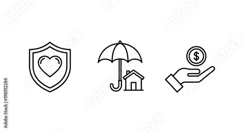 Insurance home protection and finance concepts shown in line art silhouette