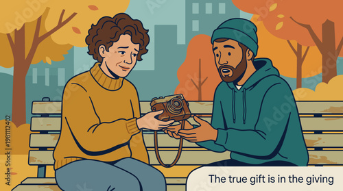 Illustration of an elderly woman giving a vintage camera to a man on park bench