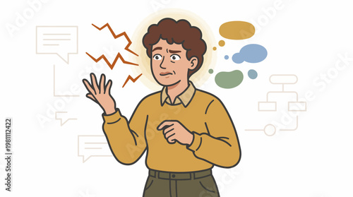 Stressed woman overwhelmed by multitasking and complex information overload vector illustration