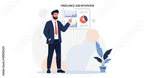 Man presenting freelance job interview with charts and graphs