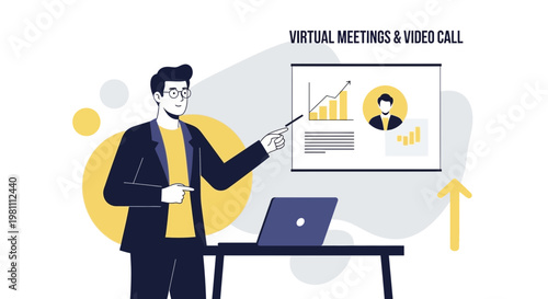Man presenting in virtual meeting, online conference, business presentation