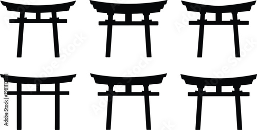 Set of traditional Japanese torii gate silhouettes representing Shinto shrine architecture cultural heritage spiritual symbols and Asian landmarks in vector format.