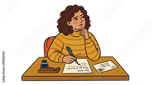 Woman writing thank you letter at desk with thoughtful expression illustration