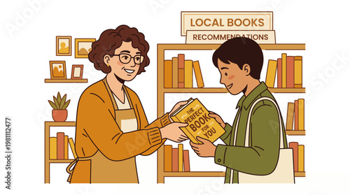 Friendly bookseller recommending a perfect book to a young customer in bookstore illustration