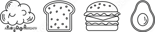 Simple black and white doodle vector icons featuring a rainy cloud sliced bread a hamburger and a healthy avocado fruit.