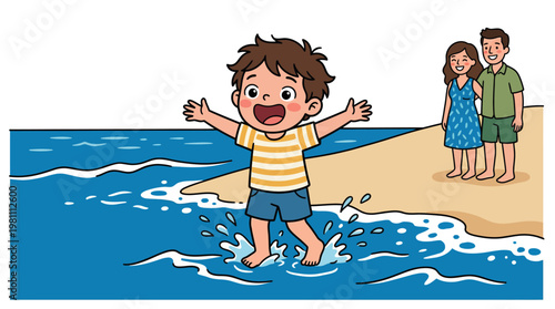 Happy little boy splashing in ocean waves on beach with parents watching cartoon illustration