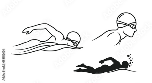 Swimmers in motion depicted with a striking black silhouette