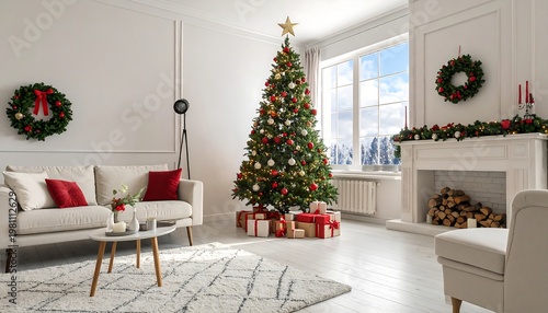 Cozy living room decorated for Christmas with a large tree and festive ornaments