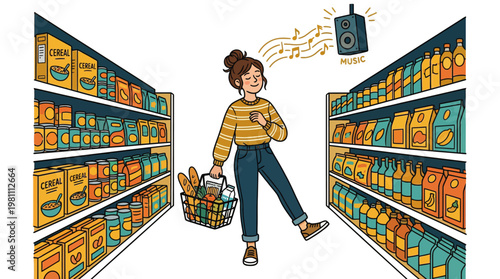 Joyful woman dancing through supermarket aisle while grocery shopping with music playing in background