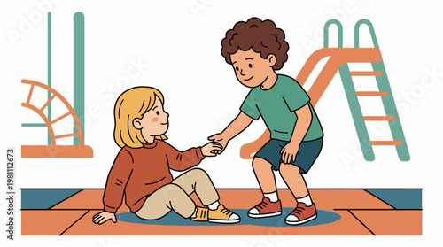 Cartoon illustration of a boy helping a girl stand up on a playground