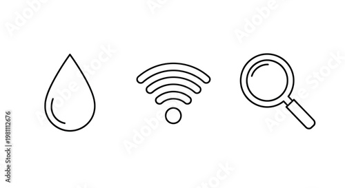 Three simple linear icons water drop wifi and magnifying glass silhouette