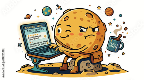 Cartoon Moon Character Typing Earth Reviews on Laptop in Space Illustration
