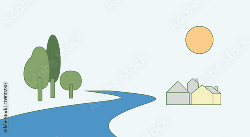 Houses by a blue river.