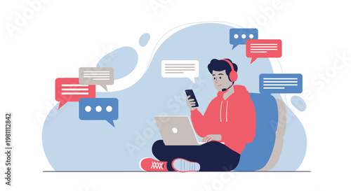 Young man with headphones and laptop, surrounded by chat bubbles, communicating online