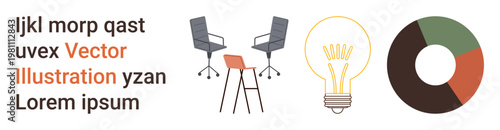 Office setup, creative process, educational materials, teamwork, data visualization, business concepts. Pair of chairs, a light bulb and pie chart with placeholder text. Office setup and creative