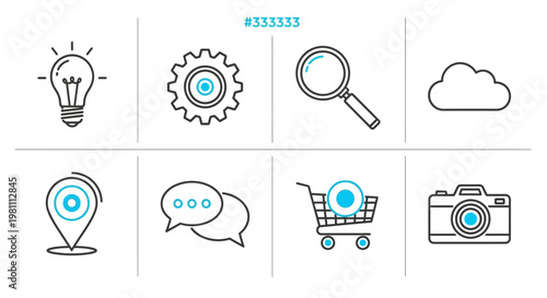 Collection of eight modern flat icons representing business and technology concepts.