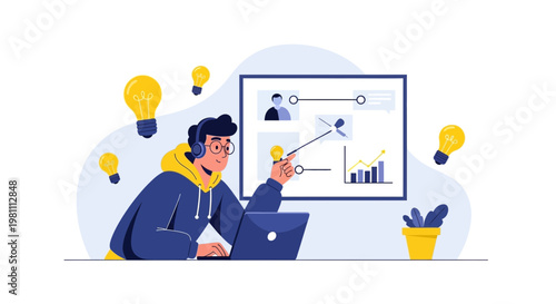 Young man with headphones learning online with laptop and presentation board with ideas