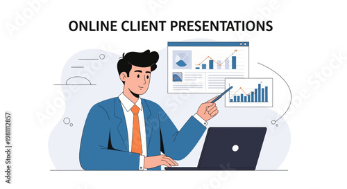 Man presenting online client presentations with charts on laptop and screen