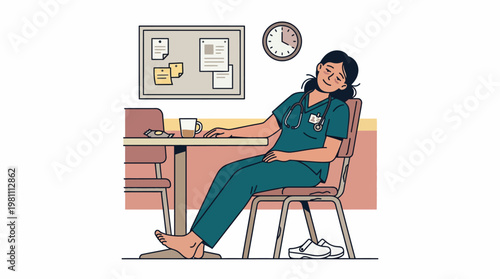 Exhausted nurse sleeping in hospital breakroom after long medical shift illustration