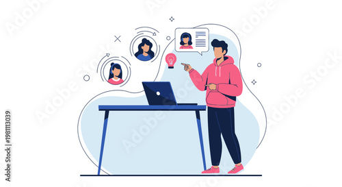 Man presenting online course, virtual meeting, remote learning, social media, teamwork, idea generation